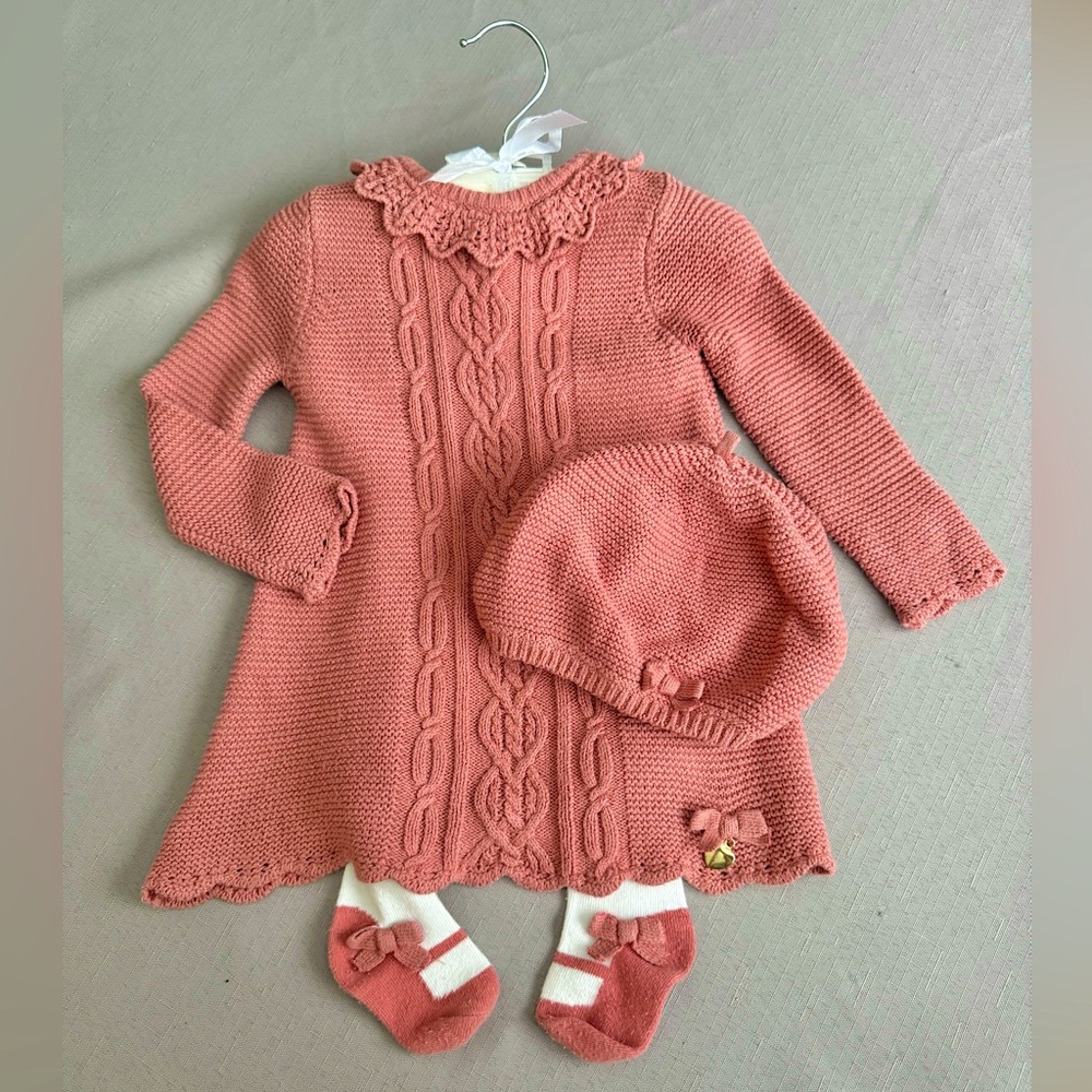 Pink Knit Sweater Dress with matching tights and Beret